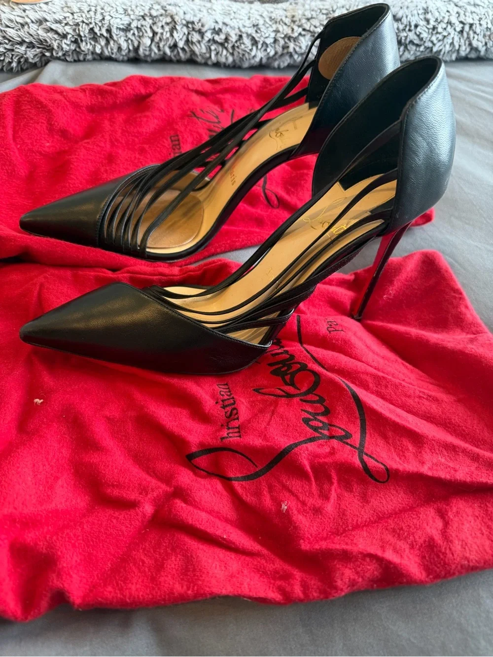Christian Louboutin Black Pointed Leather Multi-Strap Pumps